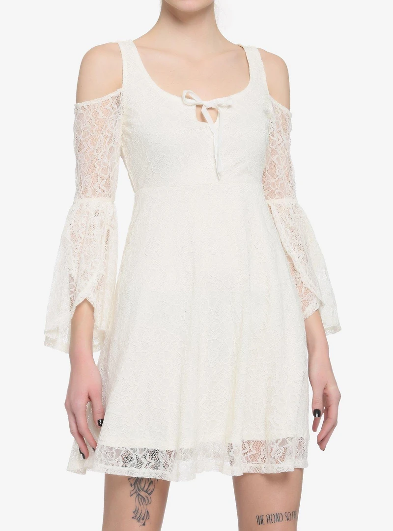 Ivory Cold Shoulder Bell-Sleeve Lace Dress