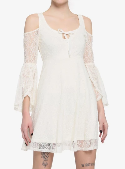 Ivory Cold Shoulder Bell-Sleeve Lace Dress