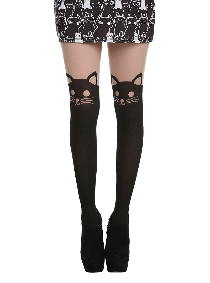 Black Cat Faux Thigh High Tights