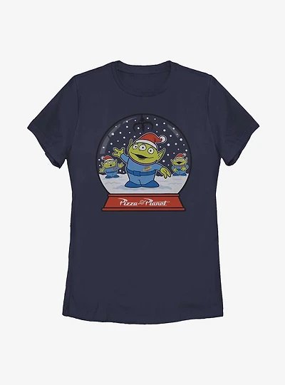 Disney Pixar Toy Story Pizza Planet Aliens Snow Globe Womens T-Shirt