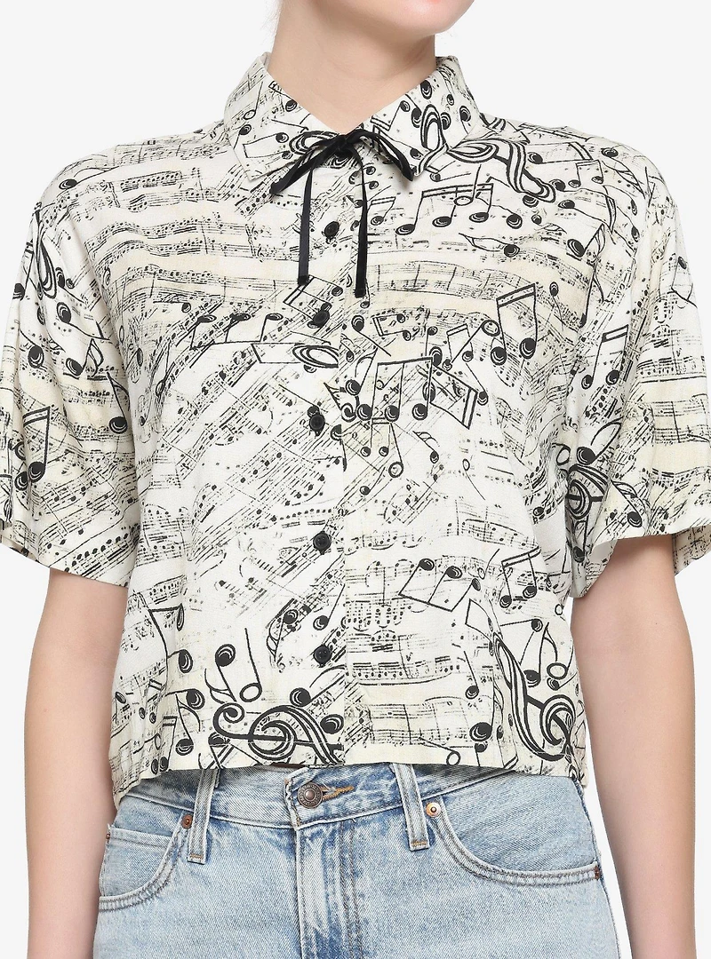 Music Notes Boxy Girls Crop Woven Button-Up