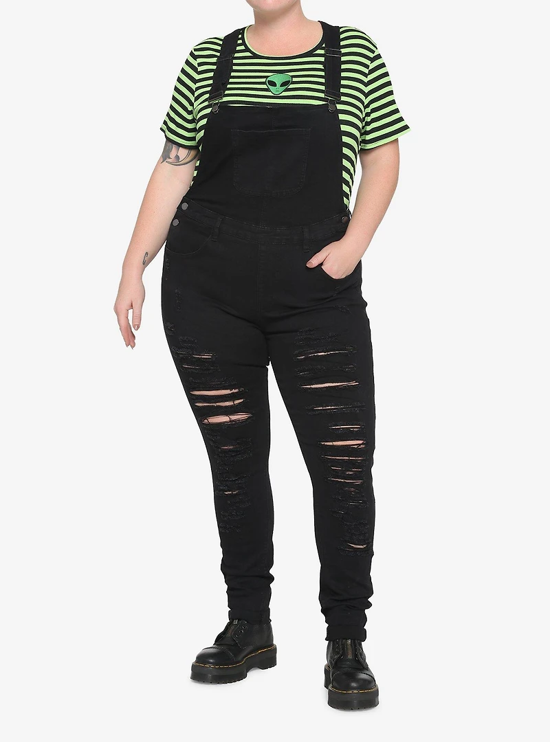 Black Destructed Girls Denim Overalls Plus Size