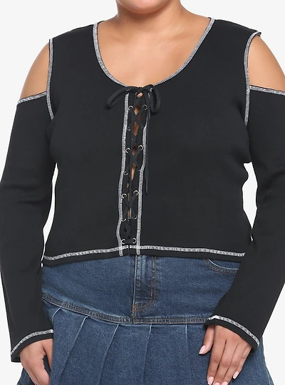 Lace-Up Contrast Ribbed Cold Shoulder Girls Crop Long-Sleeve Top Plus Size