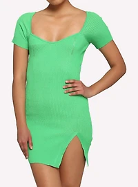 Neon Green Ribbed Mini Sweater Dress