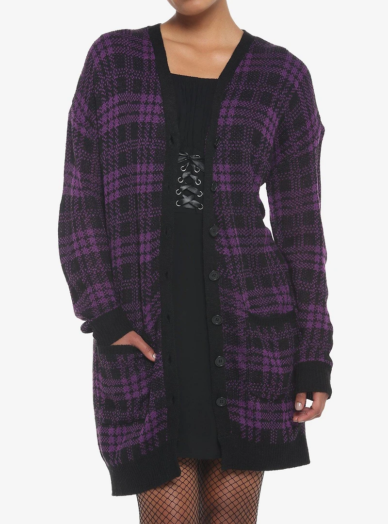 Purple & Black Plaid Oversized Girls Cardigan