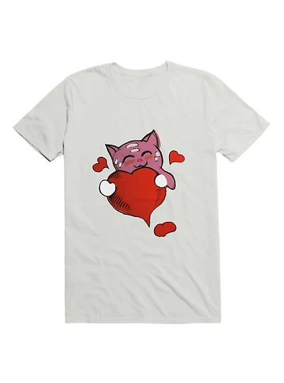 Kawaii Lovely pink cat holding a red heart T-Shirt
