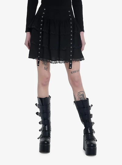 Thorn & Fable Black Lace Grommet Tiered Skirt