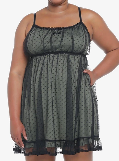 Sage Green Polka Dot Mesh Slip Dress Plus Size