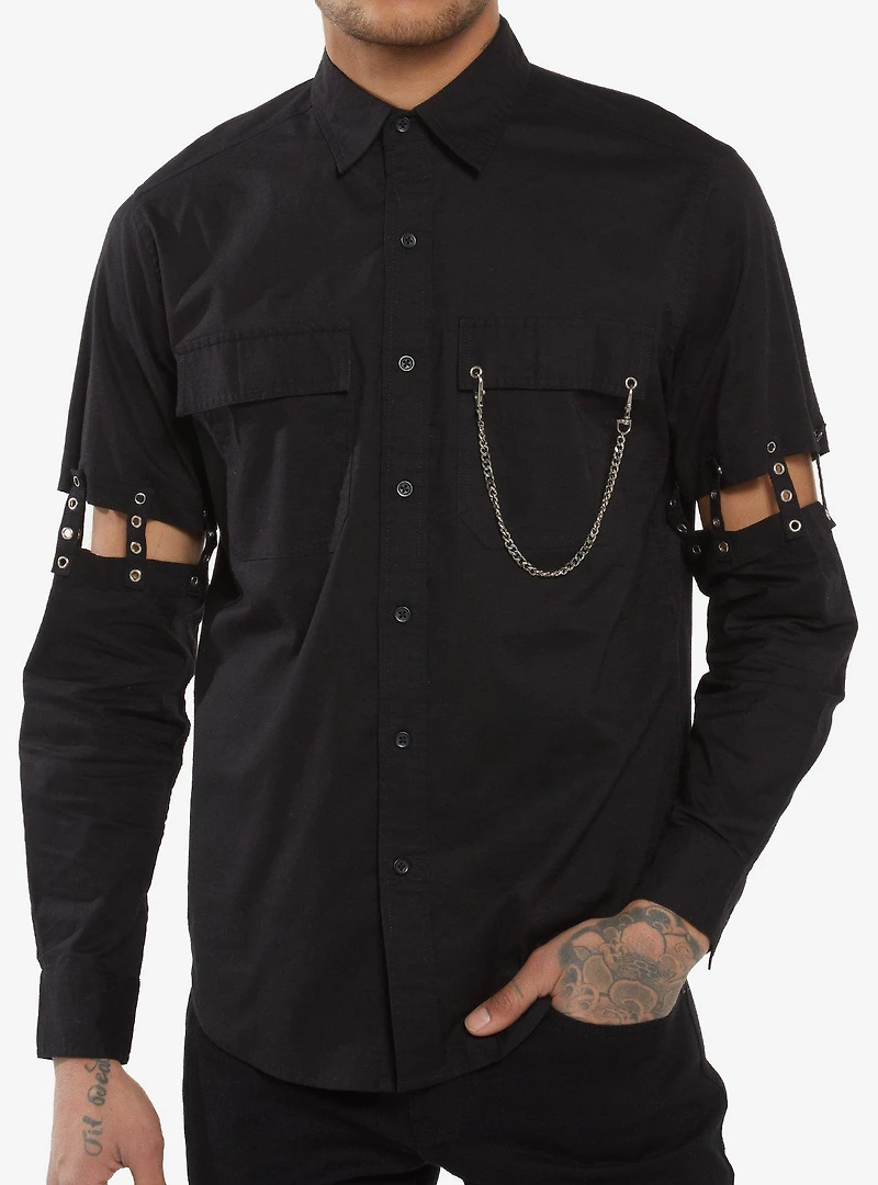 Black Grommet Cutout Straps Long-Sleeve Woven Button-Up