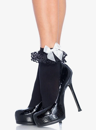 Ankle Socks Bow Lace Ruffle Black with White Bow