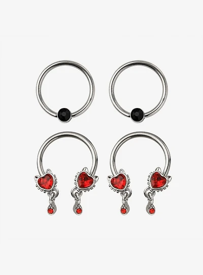 Steel Silver Heart Gem Circular Barbell & Captive Hoop 4 Pack