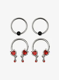Steel Silver Heart Gem Circular Barbell & Captive Hoop 4 Pack