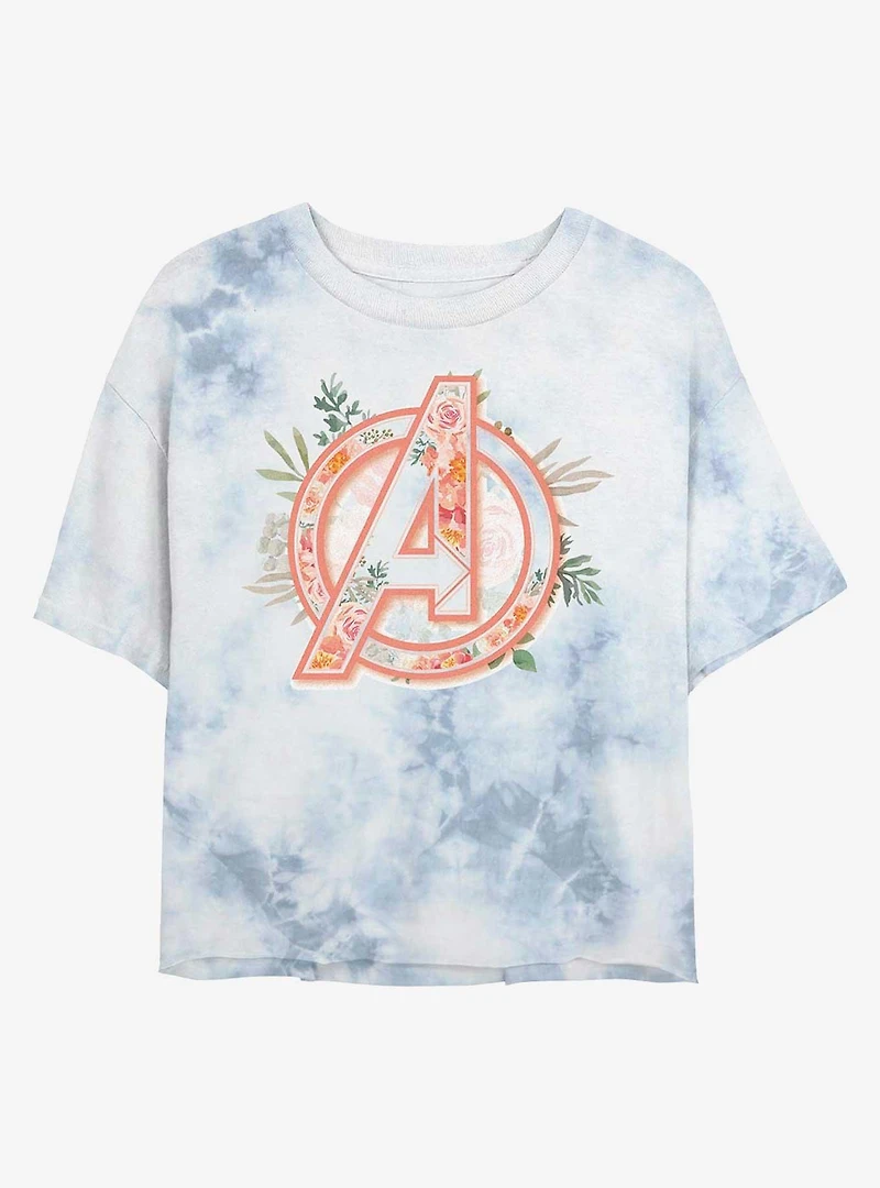 Marvel Avengers Logo Floral Womens Tie-Dye Crop T-Shirt