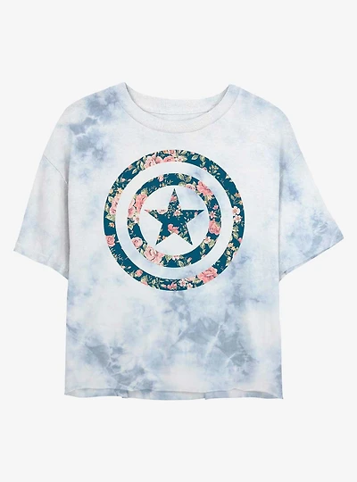 Marvel Captain America Shield Floral Womens Tie-Dye Crop T-Shirt