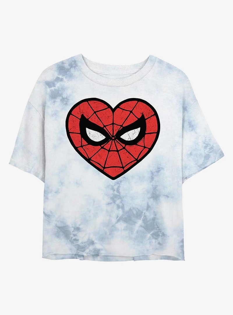 Marvel Spider-Man Heart Logo Womens Tie-Dye Crop T-Shirt