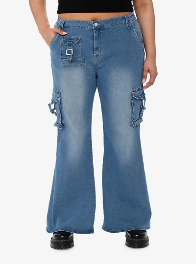 Indigo Multi-Pocket Denim Flare Jeans Plus
