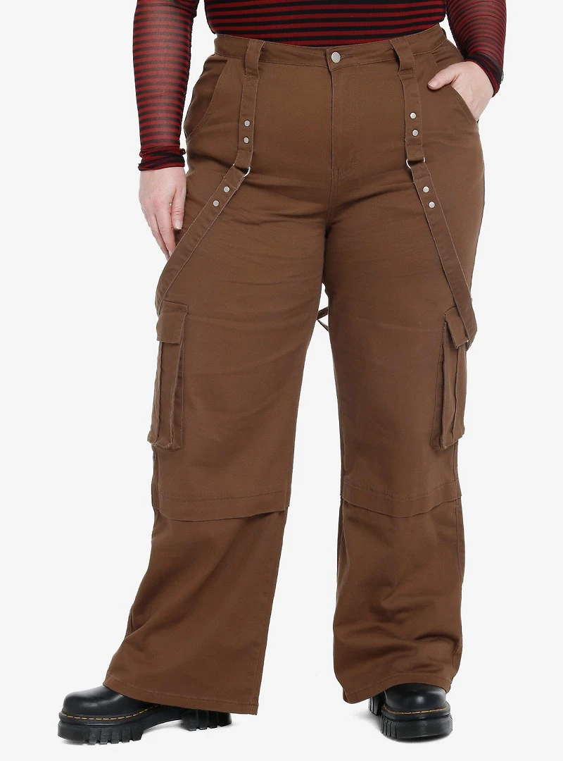 Brown Wide Leg Suspender Pants Plus