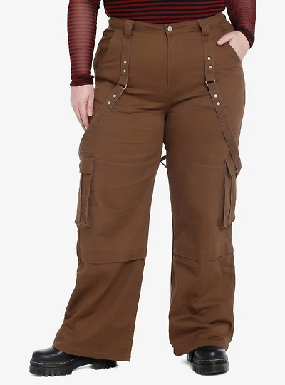 Brown Wide Leg Suspender Pants Plus
