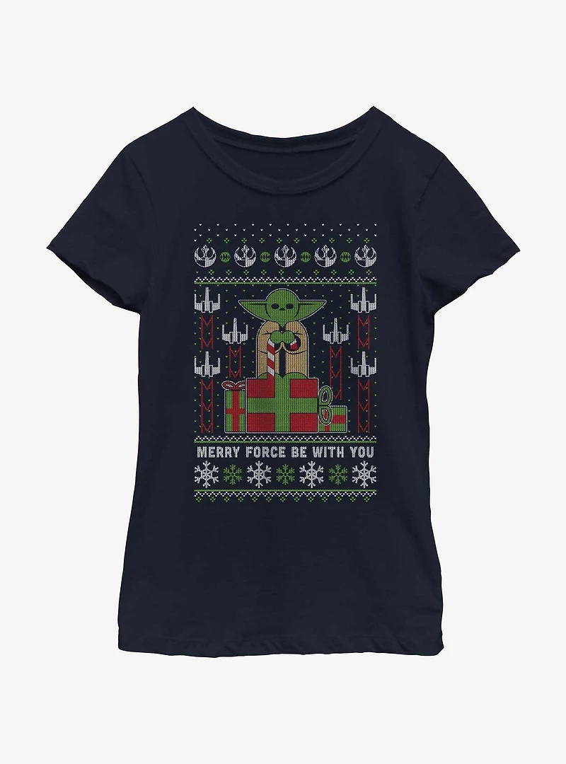 Star Wars Yoda Merry Force Ugly Christmas Pattern Youth Girls T-Shirt