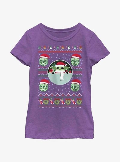 Star Wars The Mandalorian Child Ugly Christmas Pattern Youth Girls T-Shirt