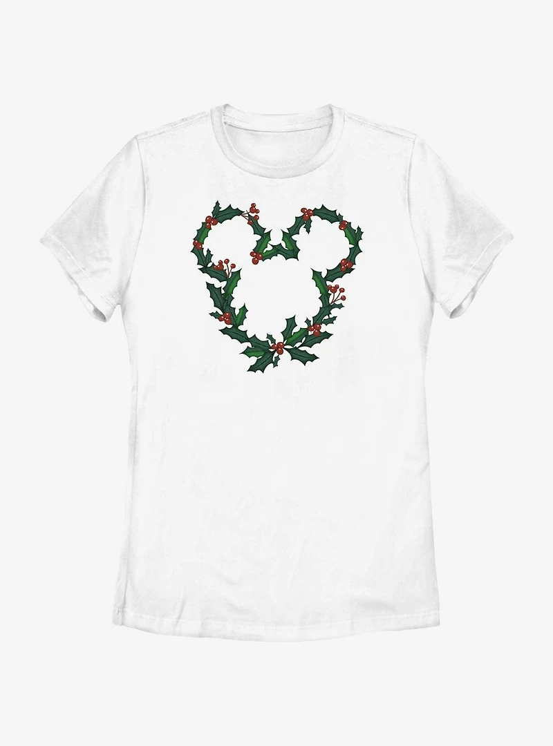 Disney Mickey Mouse Mistletoe Wreath Ears Womens T-Shirt