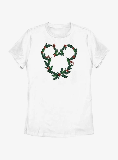 Disney Mickey Mouse Mistletoe Wreath Ears Womens T-Shirt