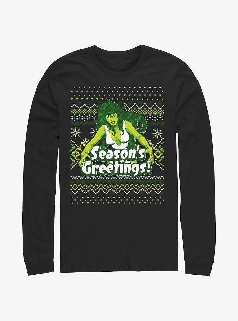 Marvel Hulk She-Hulk Season's Greetings Ugly Christmas Long-Sleeve T-Shirt