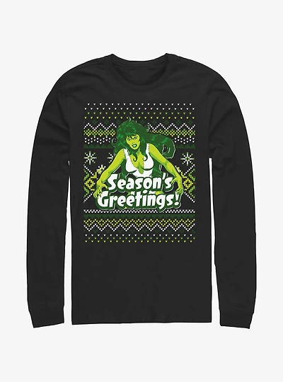 Marvel Hulk She-Hulk Season's Greetings Ugly Christmas Long-Sleeve T-Shirt