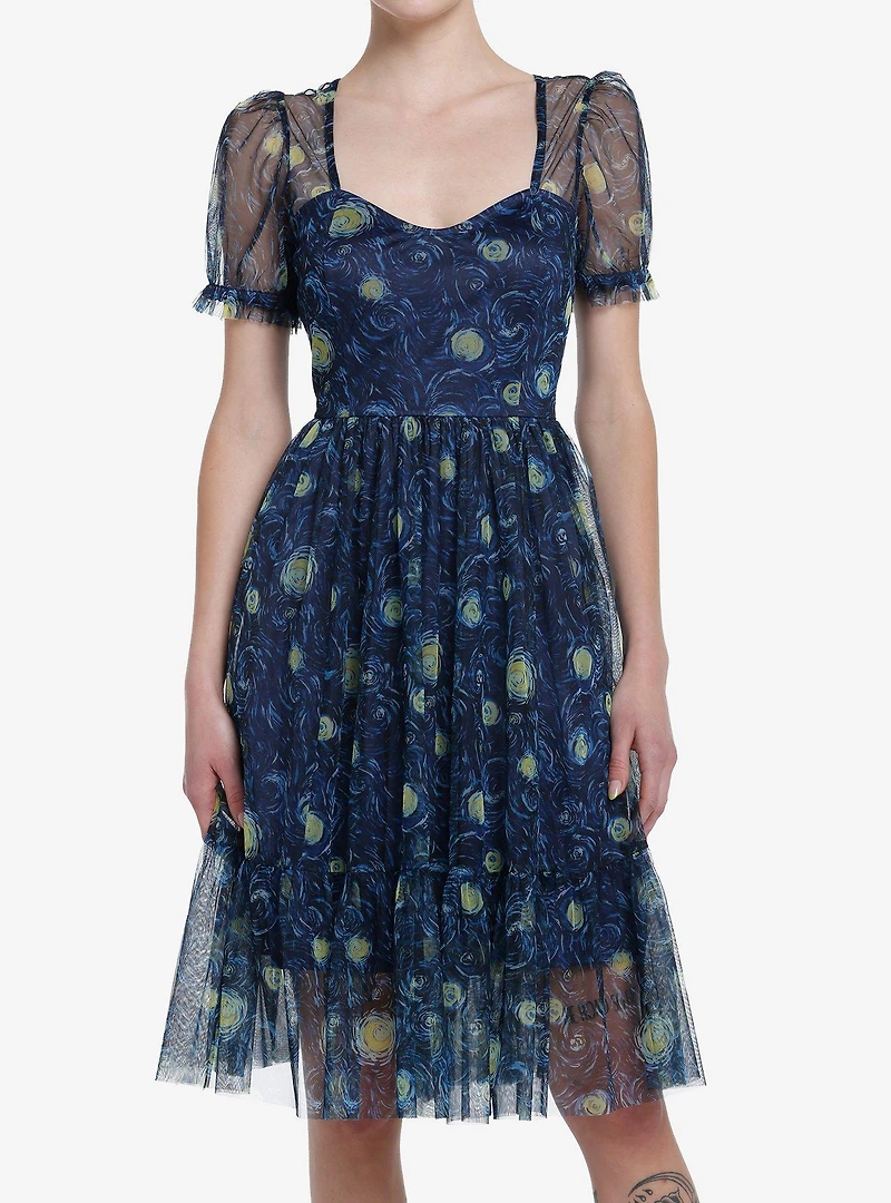 Thorn & Fable Starry Night Mesh Puff Sleeve Dress