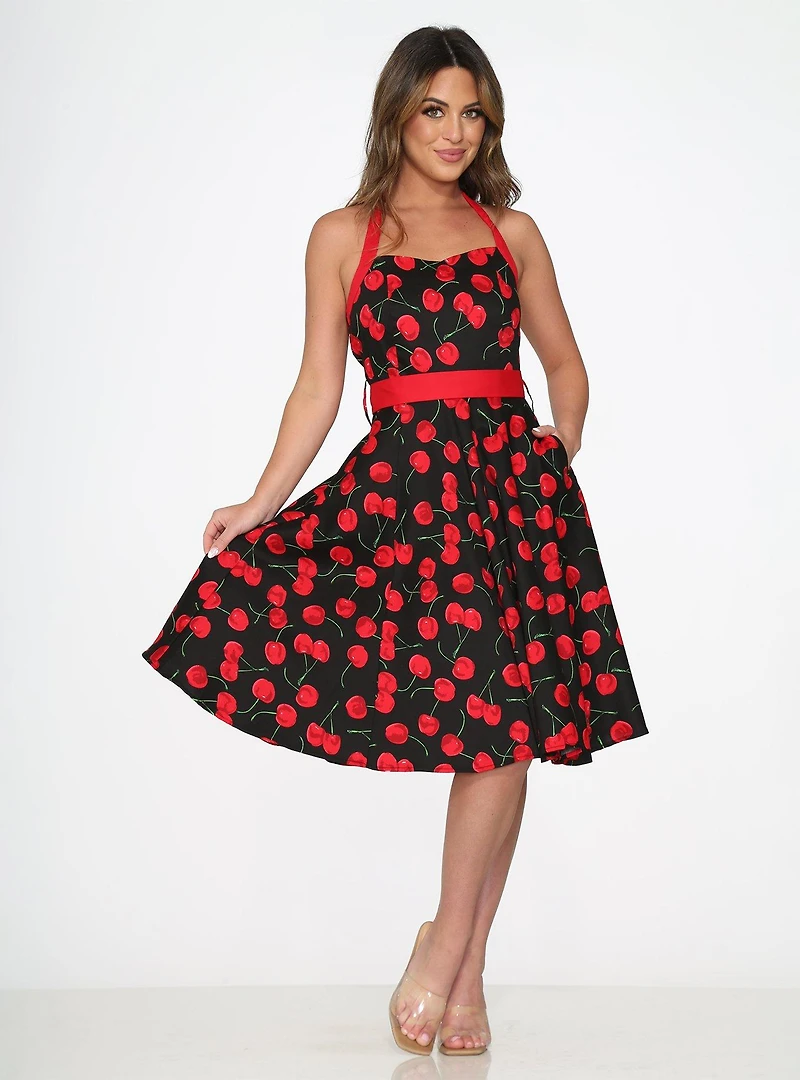 Black Red Cherry Halter Dress