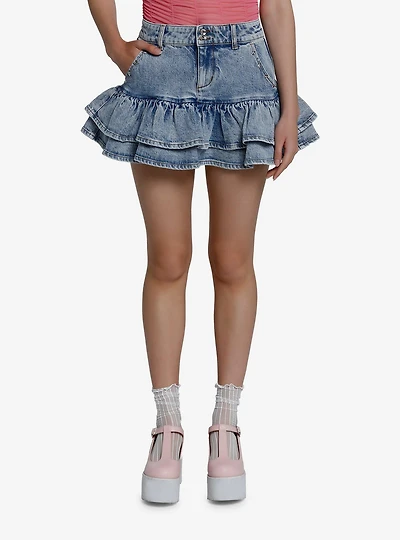 Social Collision Light Indigo Ruffle Denim Skirt With Studs