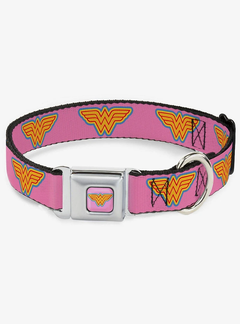 DC Comics Justice League Wonder Woman Logo Pink Blue Yellow Seatbelt Buckle Dog Collar