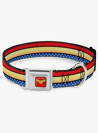 DC Comics Justice League Wonder Woman Stripe Stars Red Gold Blue White Seatbelt Buckle Dog Collar