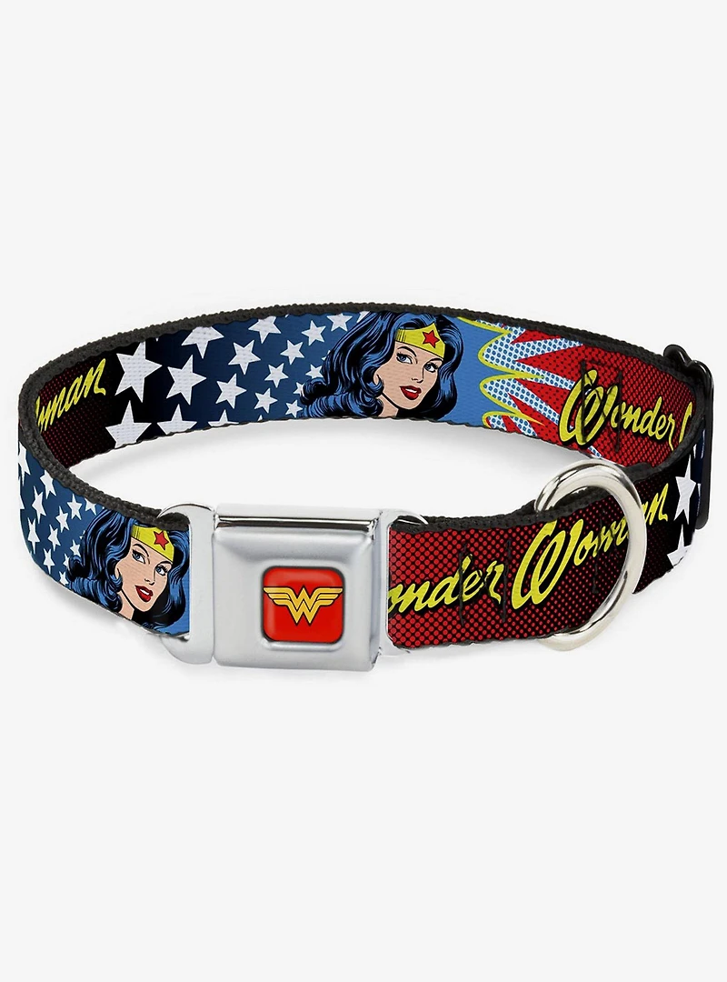 DC Comics Justice League Wonder Woman Face Stars Seatbelt Buckle Dog Collar