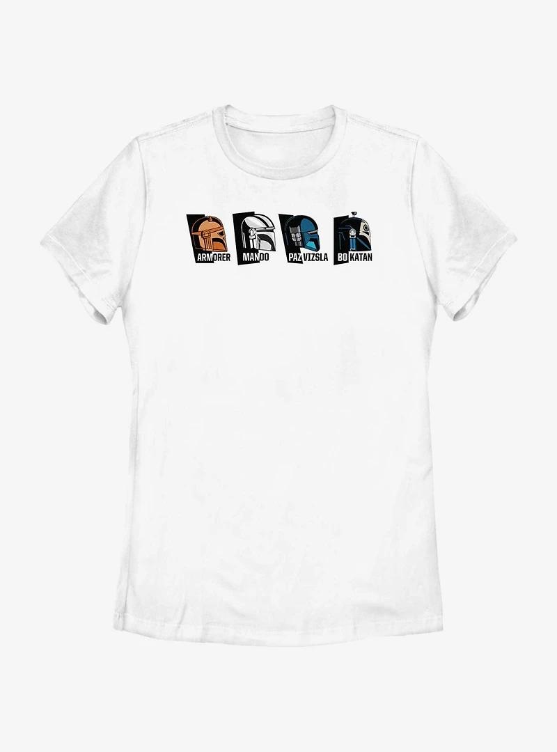 Star Wars The Mandalorian Helmet Heads Armorer, Mando, Paz Vizsla & Bo-Katan Womens T-Shirt