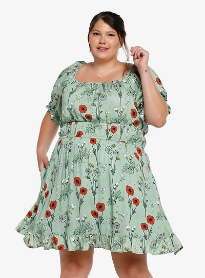 Disney Peter Pan Tinker Bell Floral Allover Print Plus Smock Dress - BoxLunch Exclusive