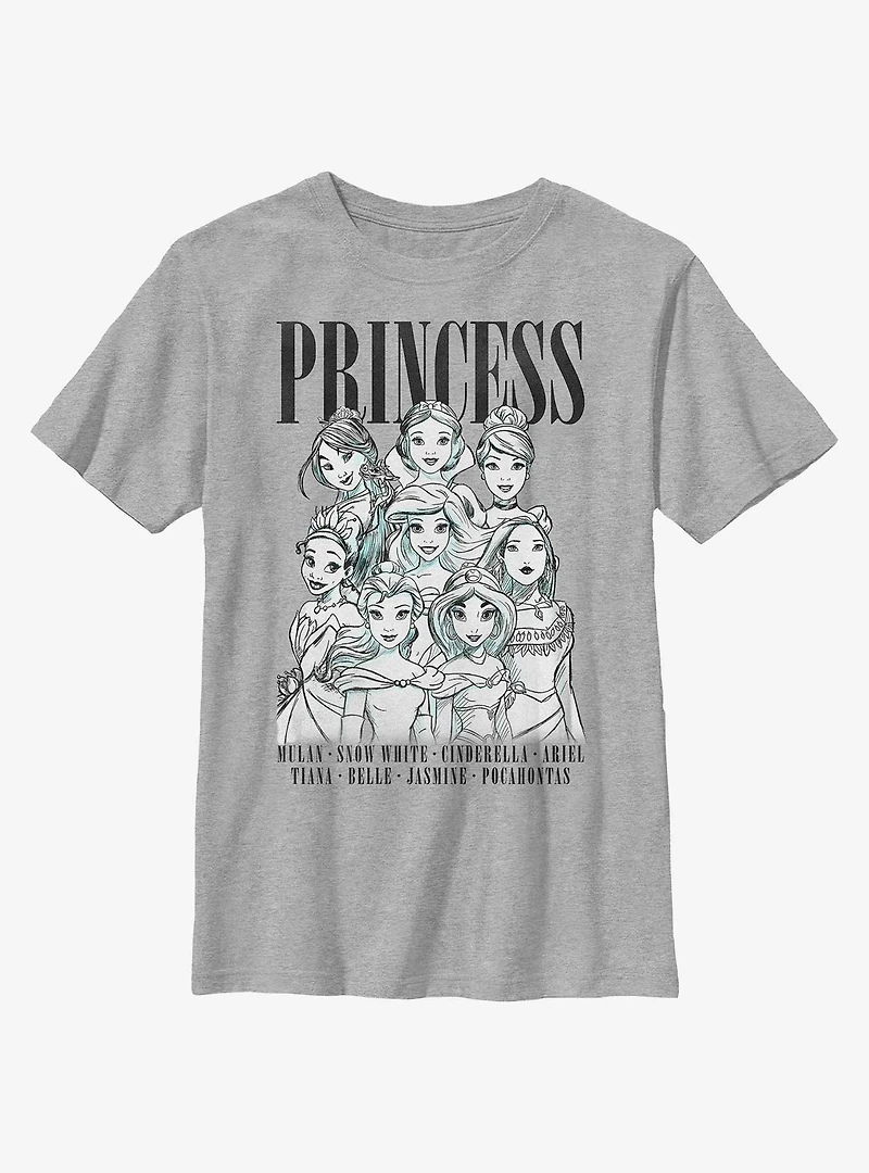Disney Princesses Outline Group Stack Youth T-Shirt