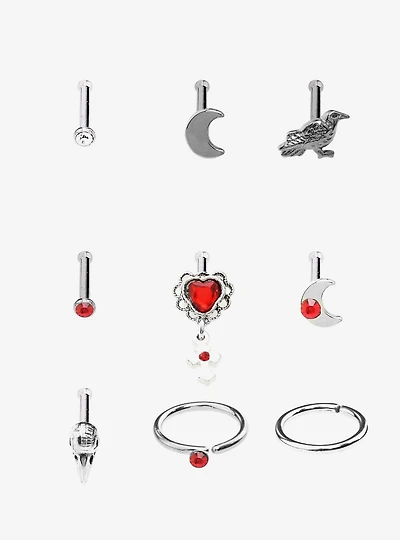 Steel Raven Heart Skull Nose Stud & Hoop 9 Pack