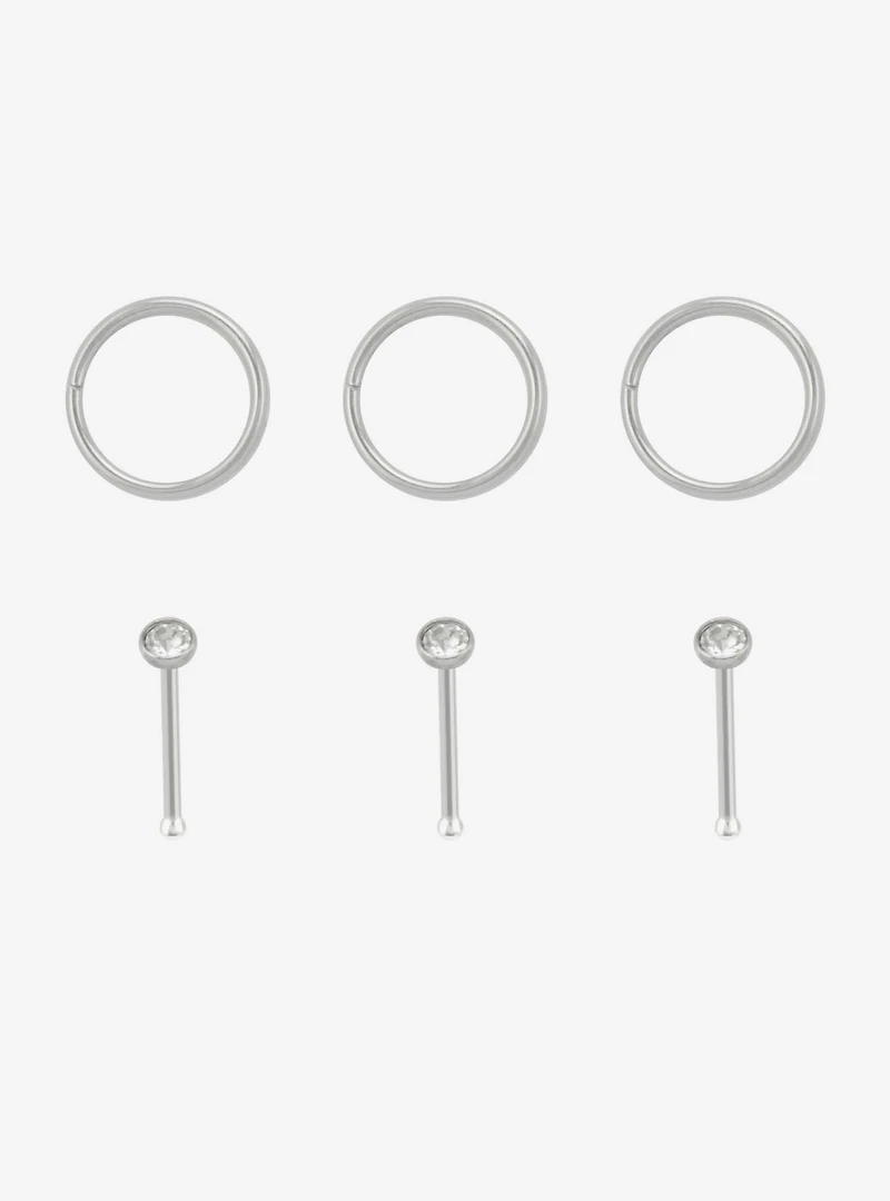 20G Steel Gem Nose Stud & Hoop 6 Pack