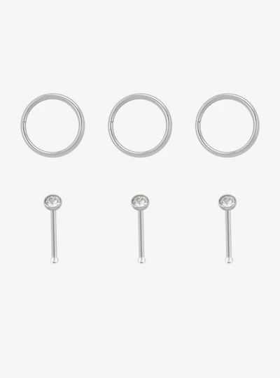 20G Steel Gem Nose Stud & Hoop 6 Pack