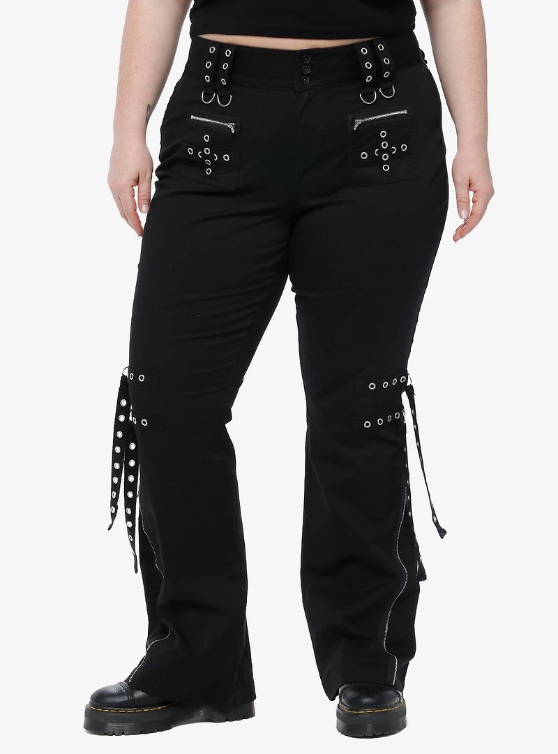 Black Grommet Strap Zipper Flare Pants Plus