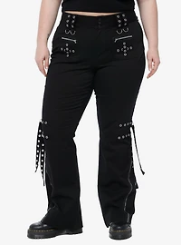 Black Grommet Strap Zipper Flare Pants Plus