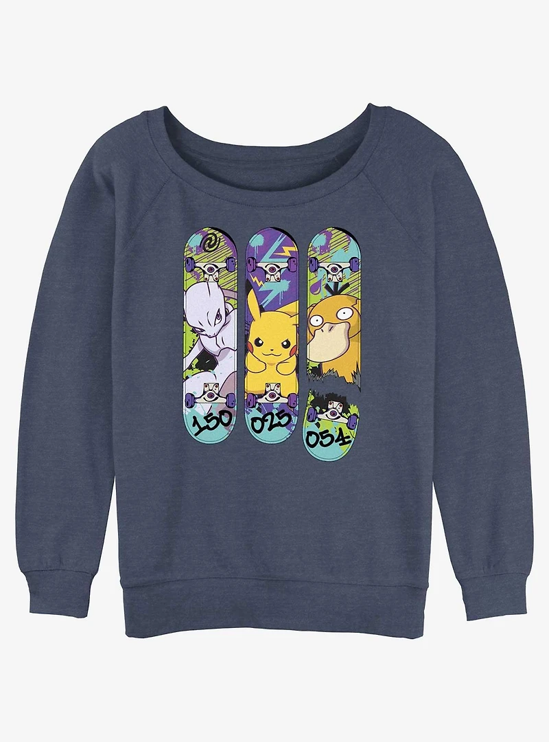 Pokemon Mewtwo, Pikachu, and Psyduck Skateboard Deck Art Slouchy Sweatshirt