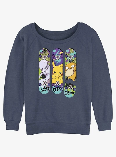 Pokemon Mewtwo, Pikachu, and Psyduck Skateboard Deck Art Slouchy Sweatshirt