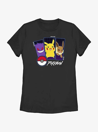 Pokemon Trio Gengar, Pikachu, and Eevee Womens T-Shirt
