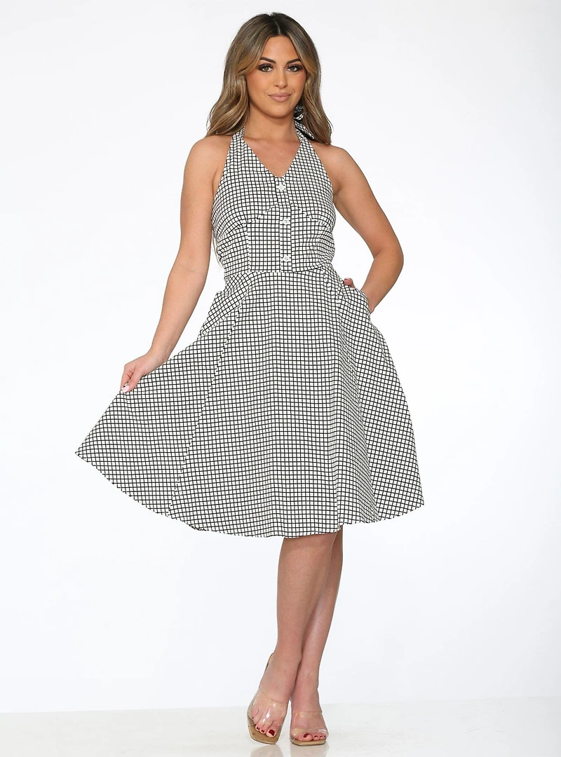 White Black Gingham Halter Dress
