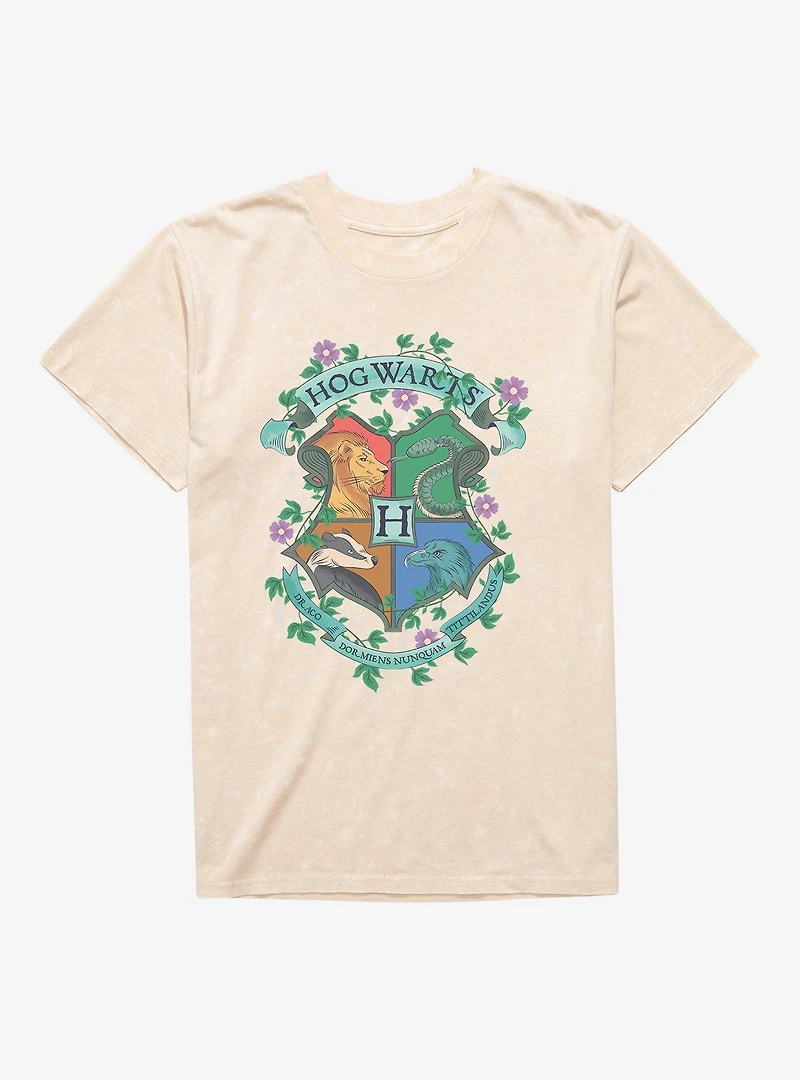 Harry Potter Hogwarts Crest Flowers Mineral Wash T-Shirt