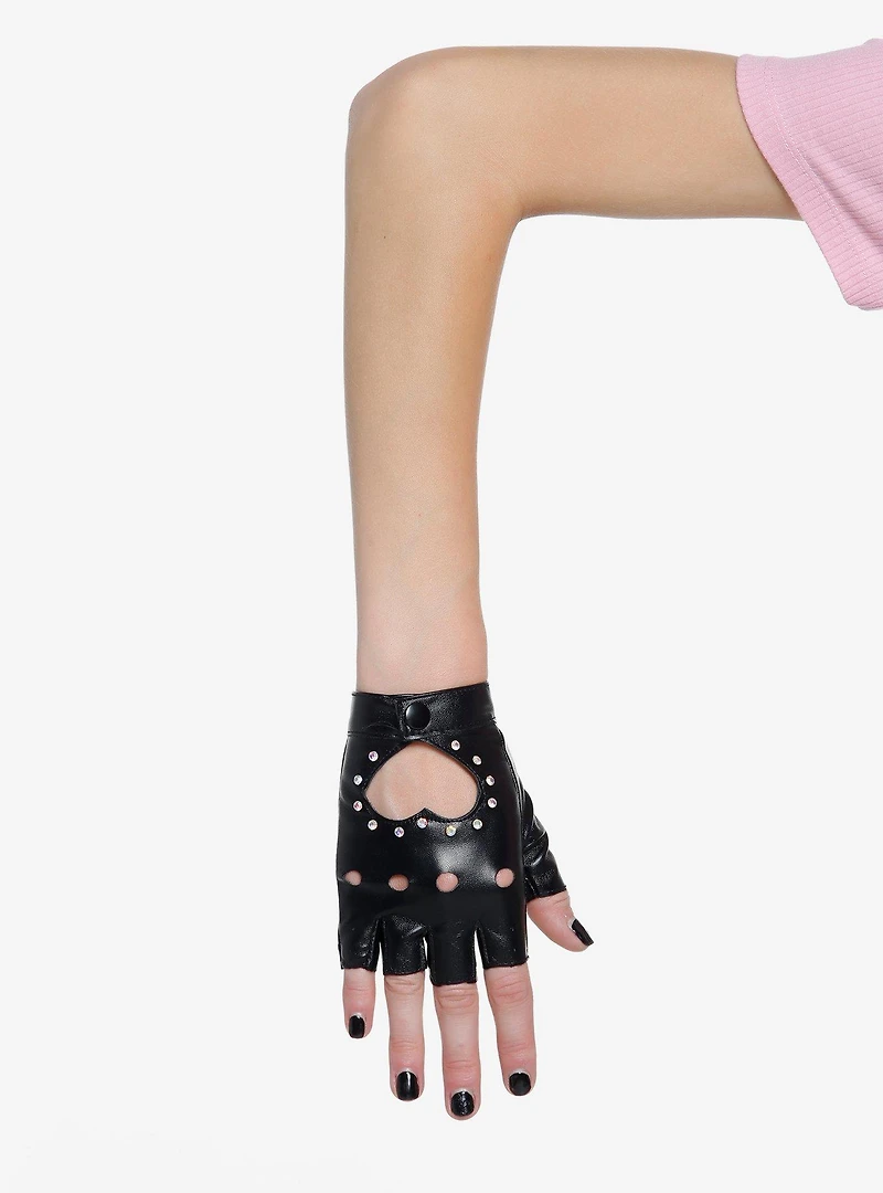 Rhinestone Heart Cutout Moto Fingerless Gloves