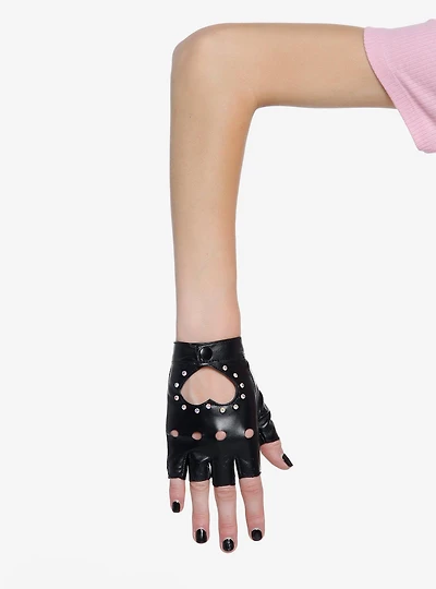 Rhinestone Heart Cutout Moto Fingerless Gloves