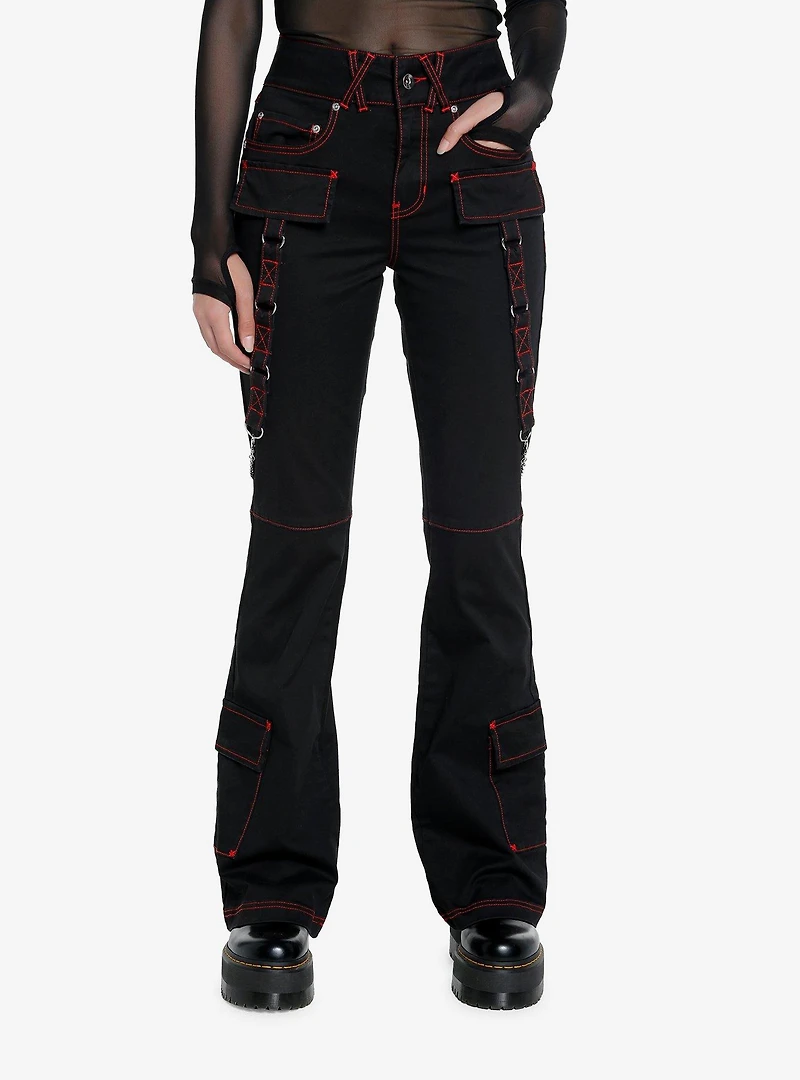 Black & Red Contrast Stitch Strap Flare Pants